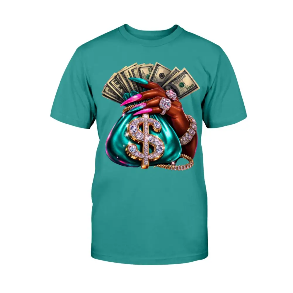 money bag drip graphic tee with cash stack, long nails and diamond jewelry design, women streetwear statement shirt by Hood Vibez Pretty Bitch Flock