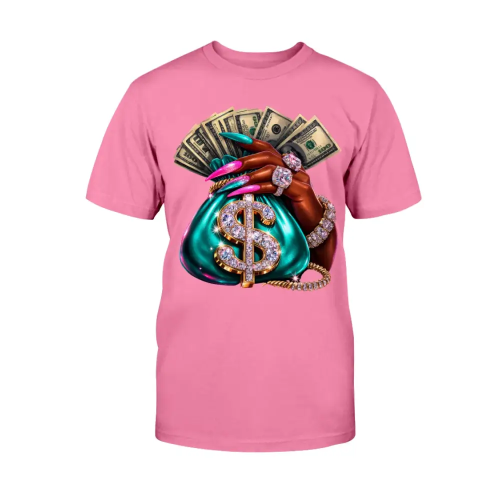 money bag drip graphic tee with cash stack, long nails and diamond jewelry design, women streetwear statement shirt by Hood Vibez Pretty Bitch Flock