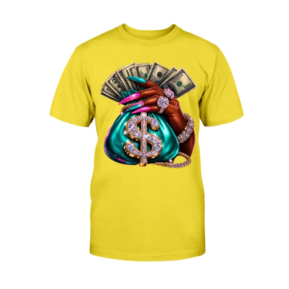 money bag drip graphic tee with cash stack, long nails and diamond jewelry design, women streetwear statement shirt by Hood Vibez Pretty Bitch Flock