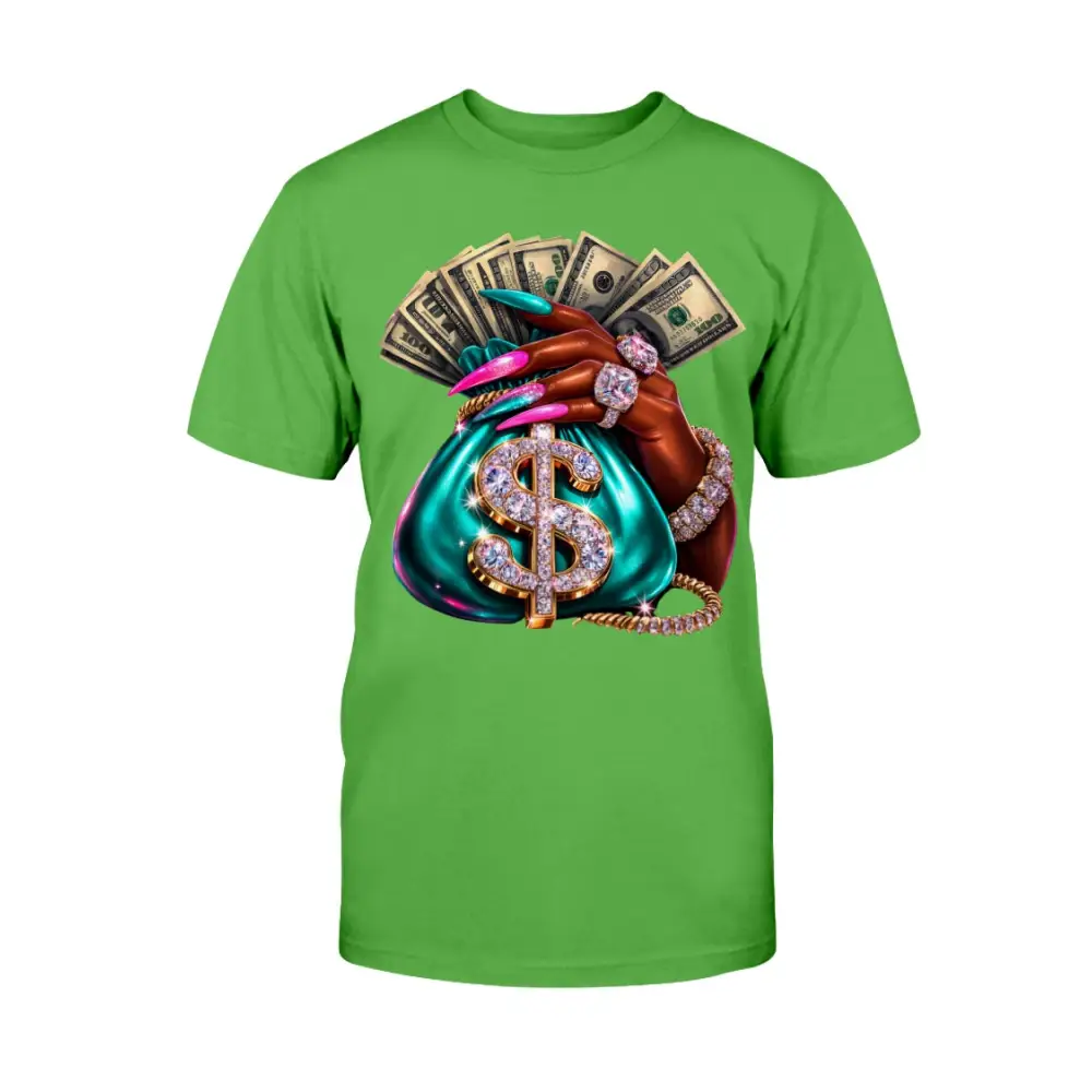 money bag drip graphic tee with cash stack, long nails and diamond jewelry design, women streetwear statement shirt by Hood Vibez Pretty Bitch Flock