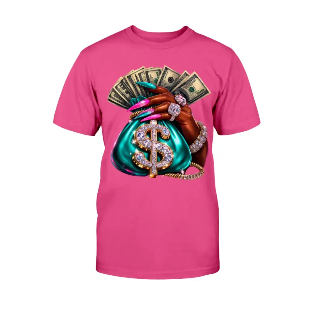 money bag drip graphic tee with cash stack, long nails and diamond jewelry design, women streetwear statement shirt by Hood Vibez Pretty Bitch Flock