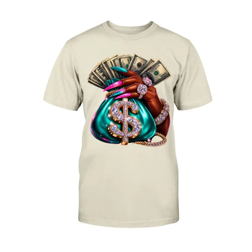 money bag drip graphic tee with cash stack, long nails and diamond jewelry design, women streetwear statement shirt by Hood Vibez Pretty Bitch Flock