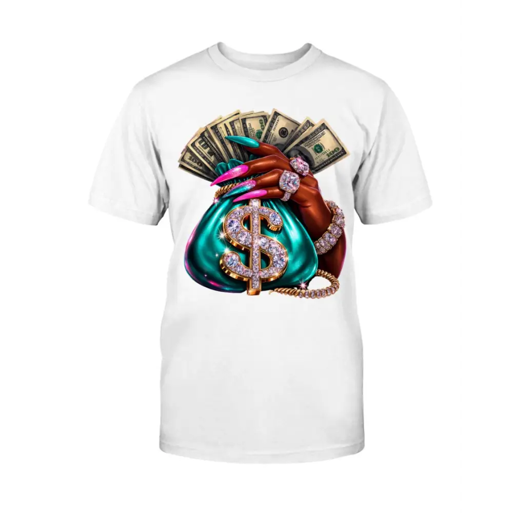 money bag drip graphic tee with cash stack, long nails and diamond jewelry design, women streetwear statement shirt by Hood Vibez Pretty Bitch Flock