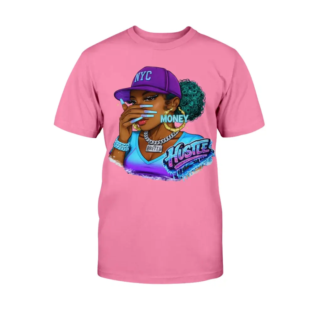 Pink t-shirt with a graphic of a woman wearing a purple 'NYC' hat and text on a white background