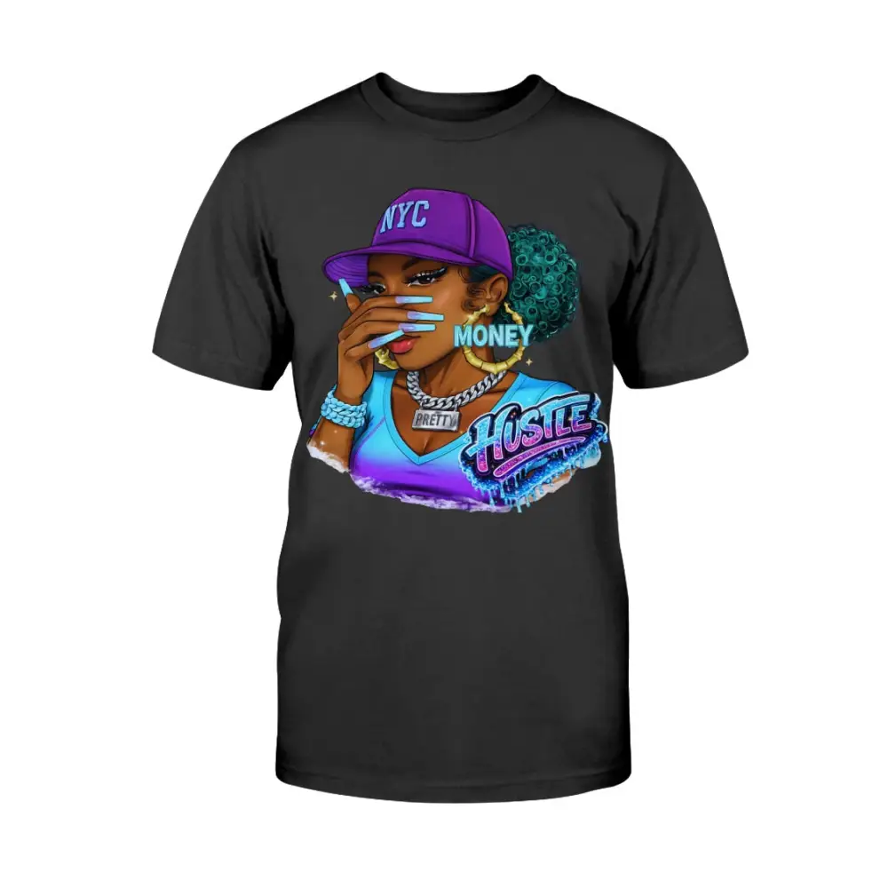 Black t-shirt with a colorful graphic of a woman wearing a purple 'NYC' cap and 'Hustle Money' text.