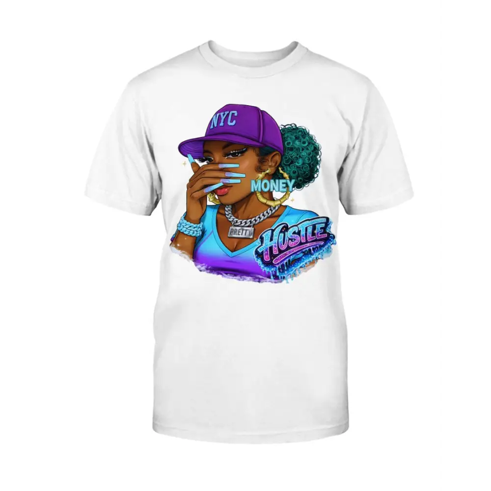 White t-shirt with a graphic of a woman wearing a purple 'NYC' cap and 'Hustle' text on a white background