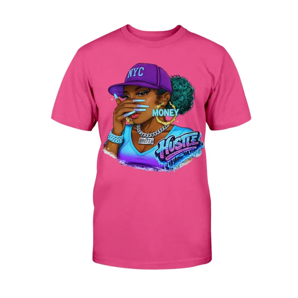 Pink t-shirt with a graphic of a woman wearing a purple 'NYC' hat and 'Hustle' text on a white background.