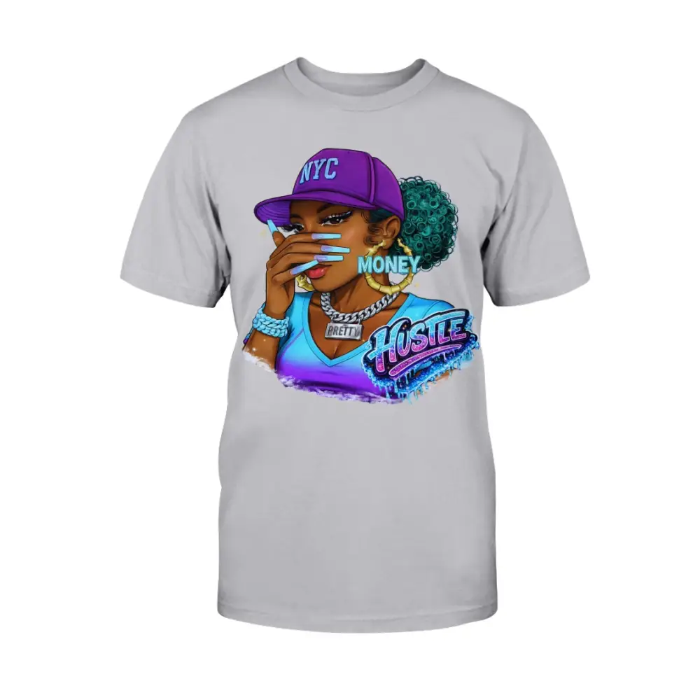 Gray t-shirt with a graphic of a woman wearing a purple 'NYC' cap and 'Hustle' text on a white background.