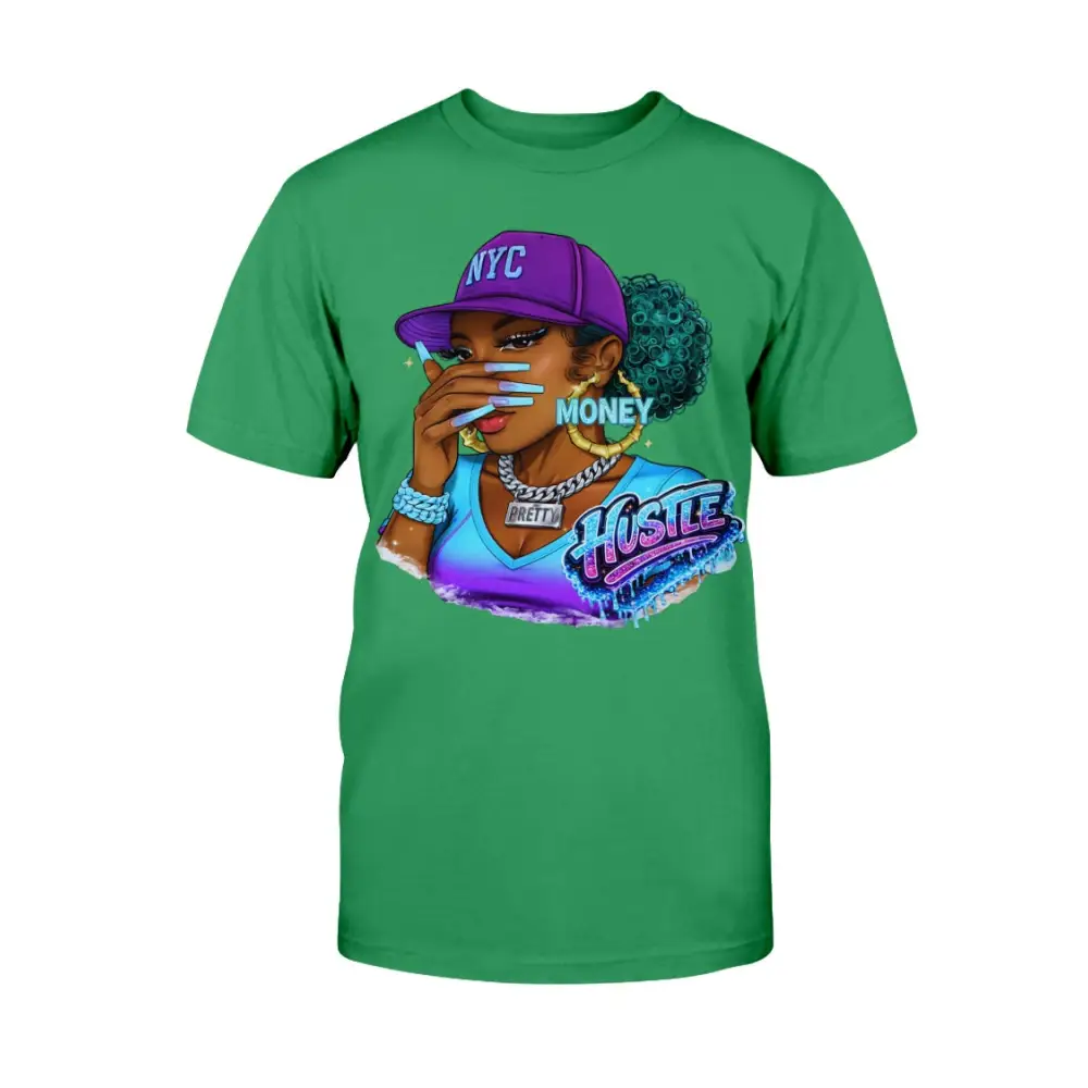 Green t-shirt with a graphic of a woman wearing a purple 'NYC' cap and 'Hustle' text on a white background
