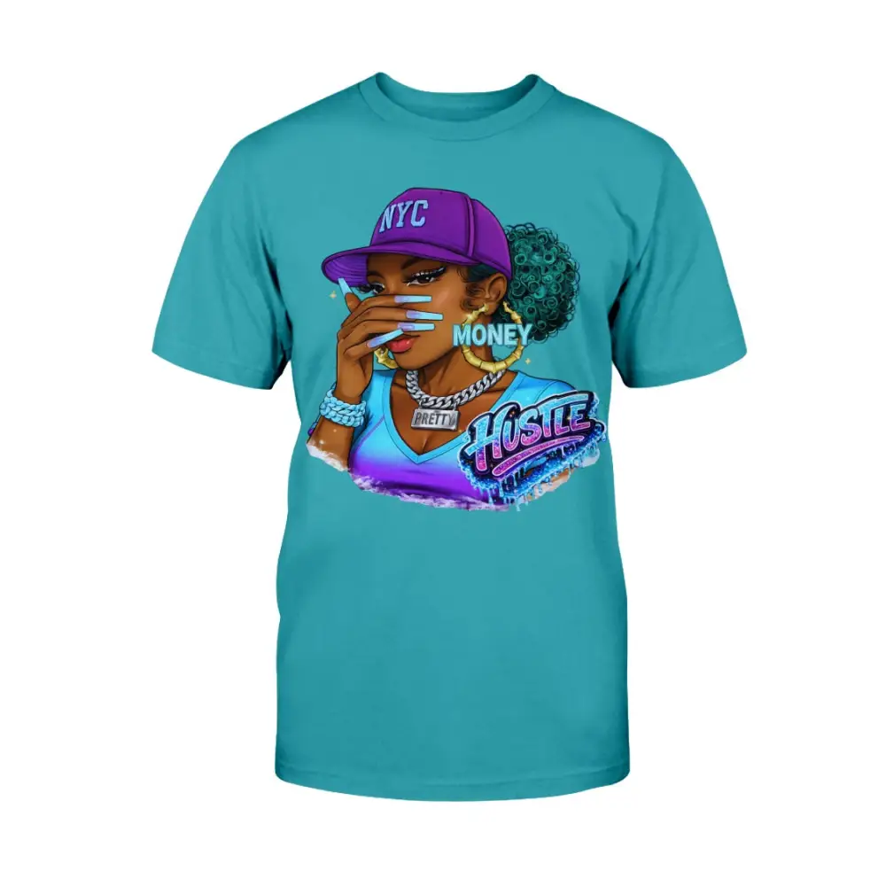 Turquoise t-shirt with a graphic of a woman wearing a purple 'NYC' cap and 'Hustle' text.
