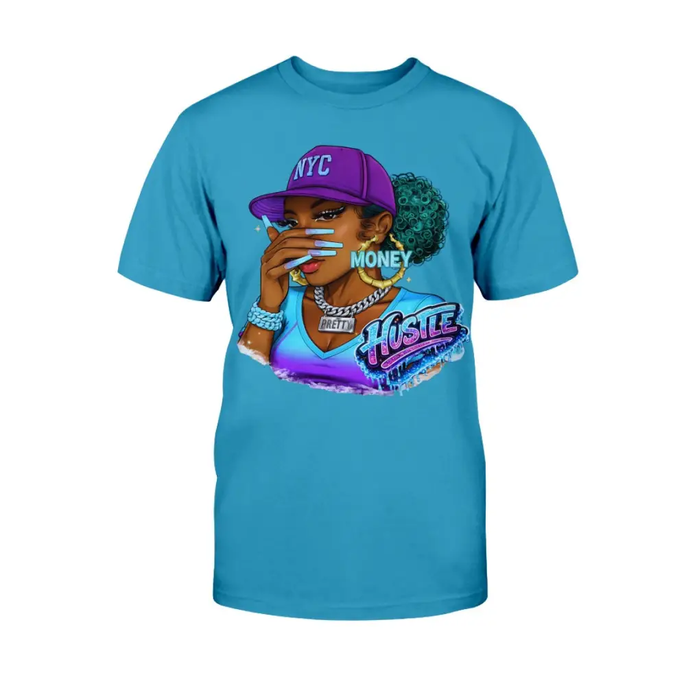 Blue t-shirt with a graphic of a woman wearing a purple 'NYC' cap and 'Hustle' text.