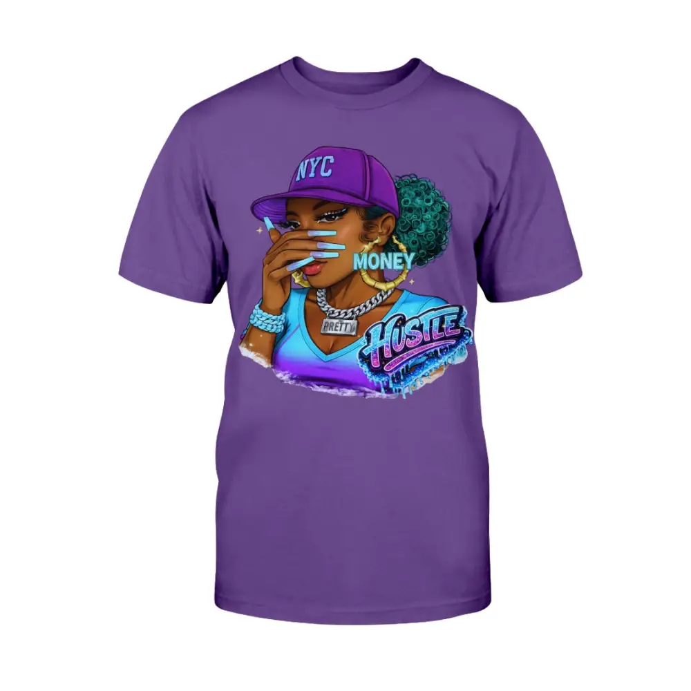 Purple t-shirt with a graphic of a woman and text on a white background