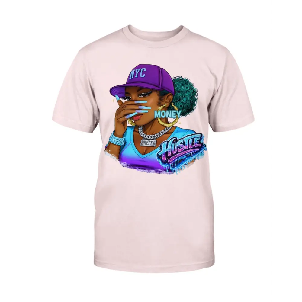 T-shirt with a graphic of a woman wearing a purple 'NYC' cap and text on a light pink background