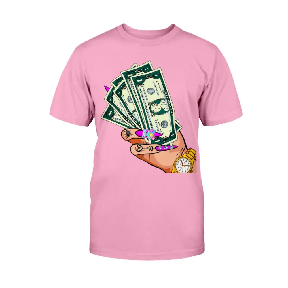 Pink t-shirt with a graphic of money and a hand holding a watch on a white background