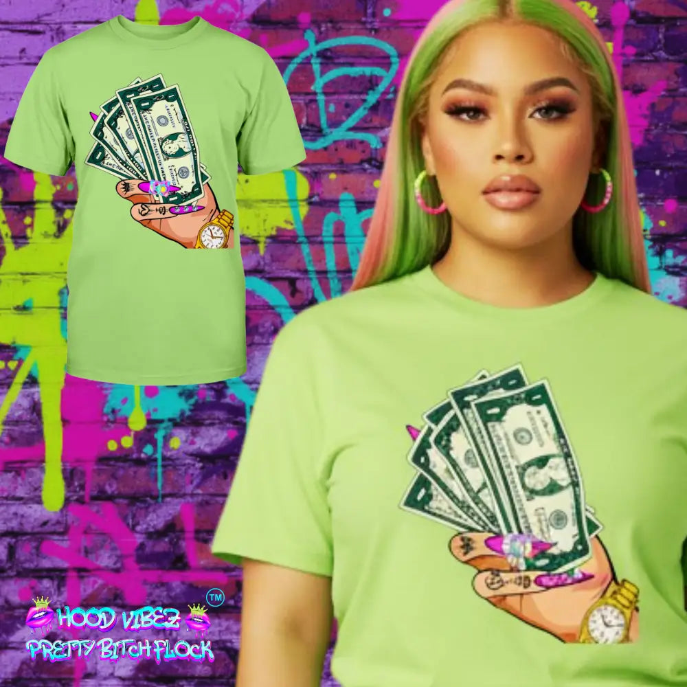 model wearing lime green tshirt with a graphic of money, a watch, and a hand holding money on a white background