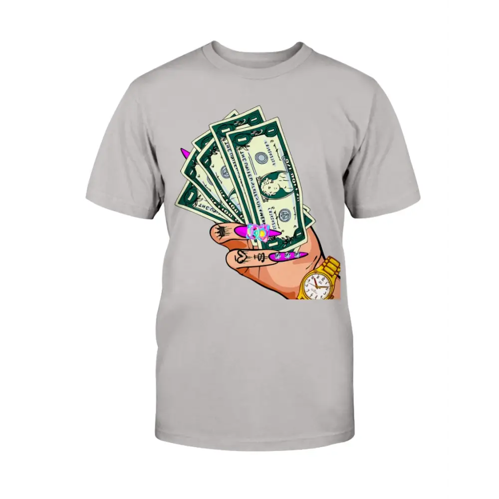 Gray t-shirt with a graphic of money and a watch on a white background