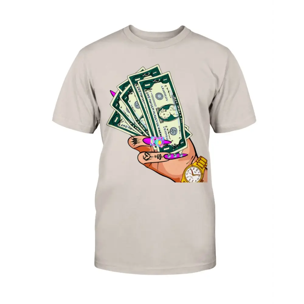 Beige t-shirt with a graphic of a hand holding money and a watch on a white background