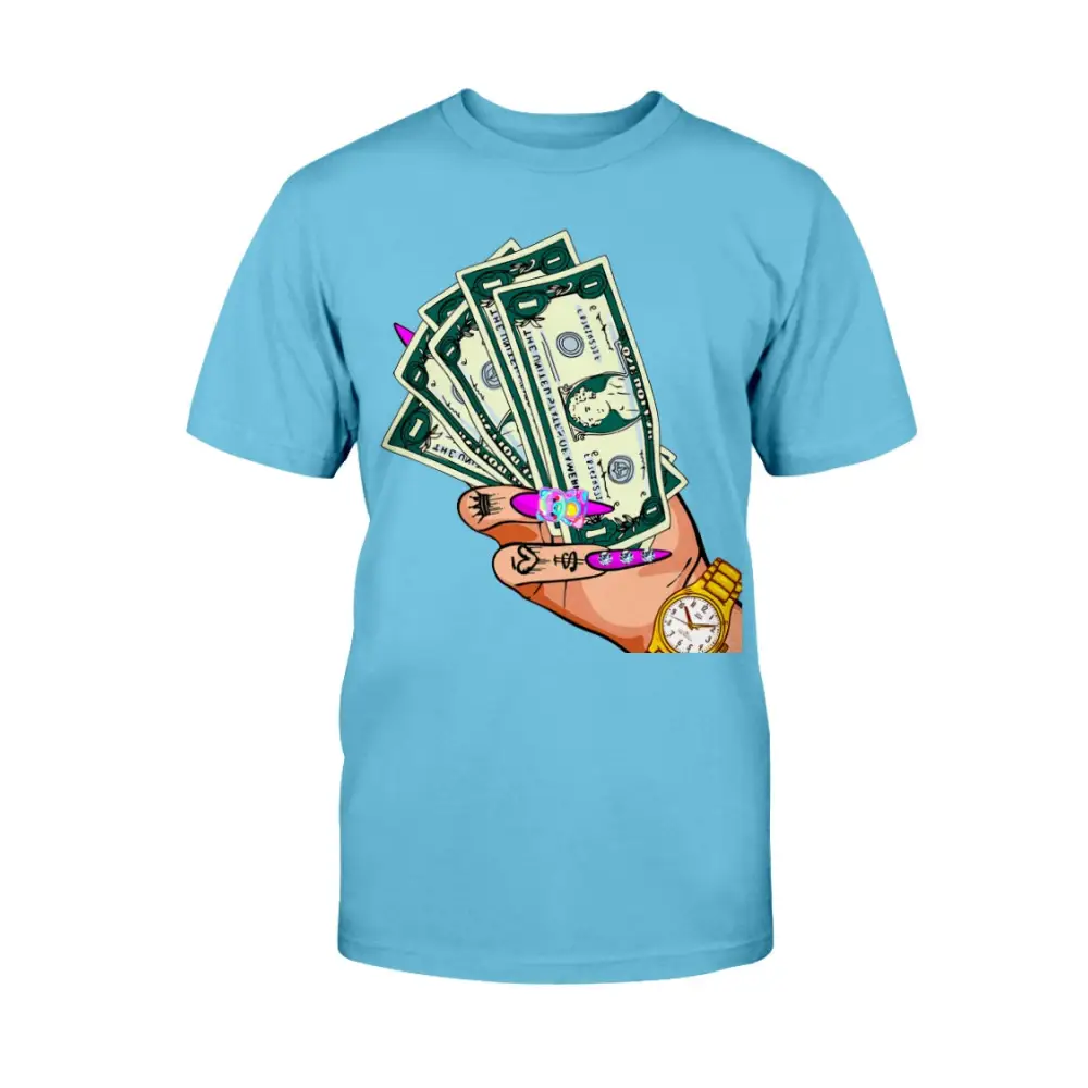 Light blue t-shirt with a graphic of a hand holding money and a watch on a white background