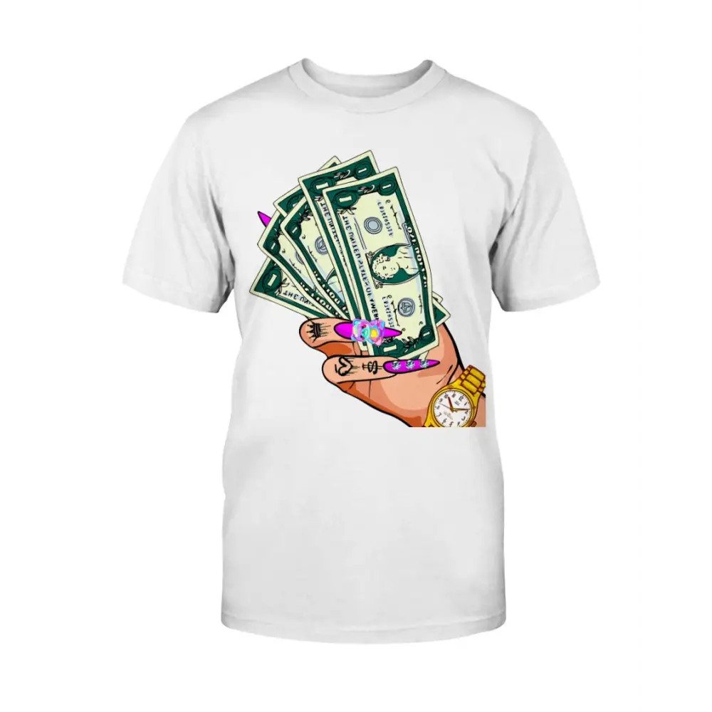 White t-shirt with a graphic of money and a hand holding a watch on a white background