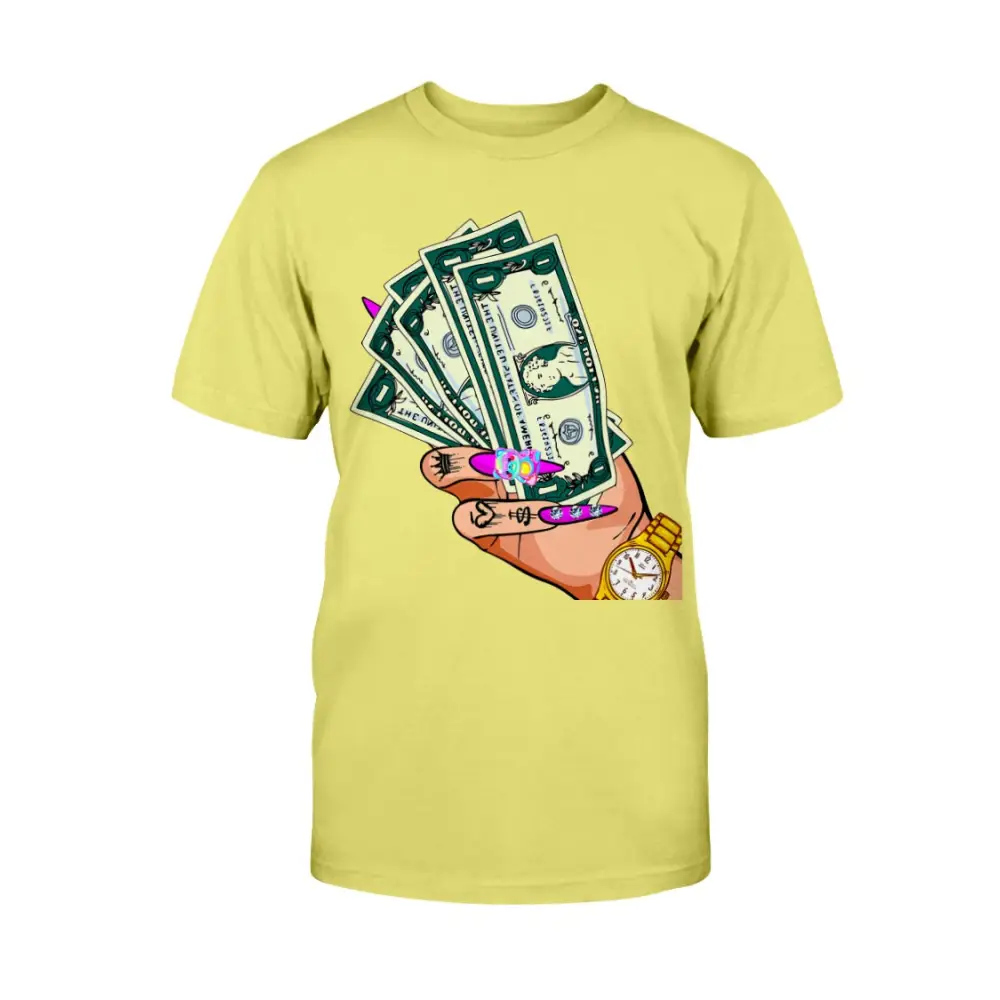 Yellow t-shirt with a graphic of a hand holding money and a watch on a white background