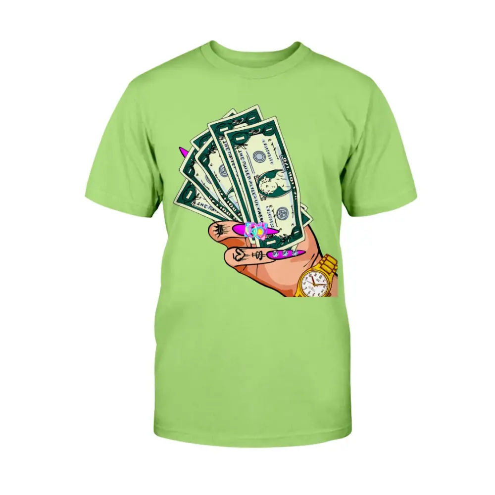 Green t-shirt with a graphic of a hand holding money and a watch on a white background