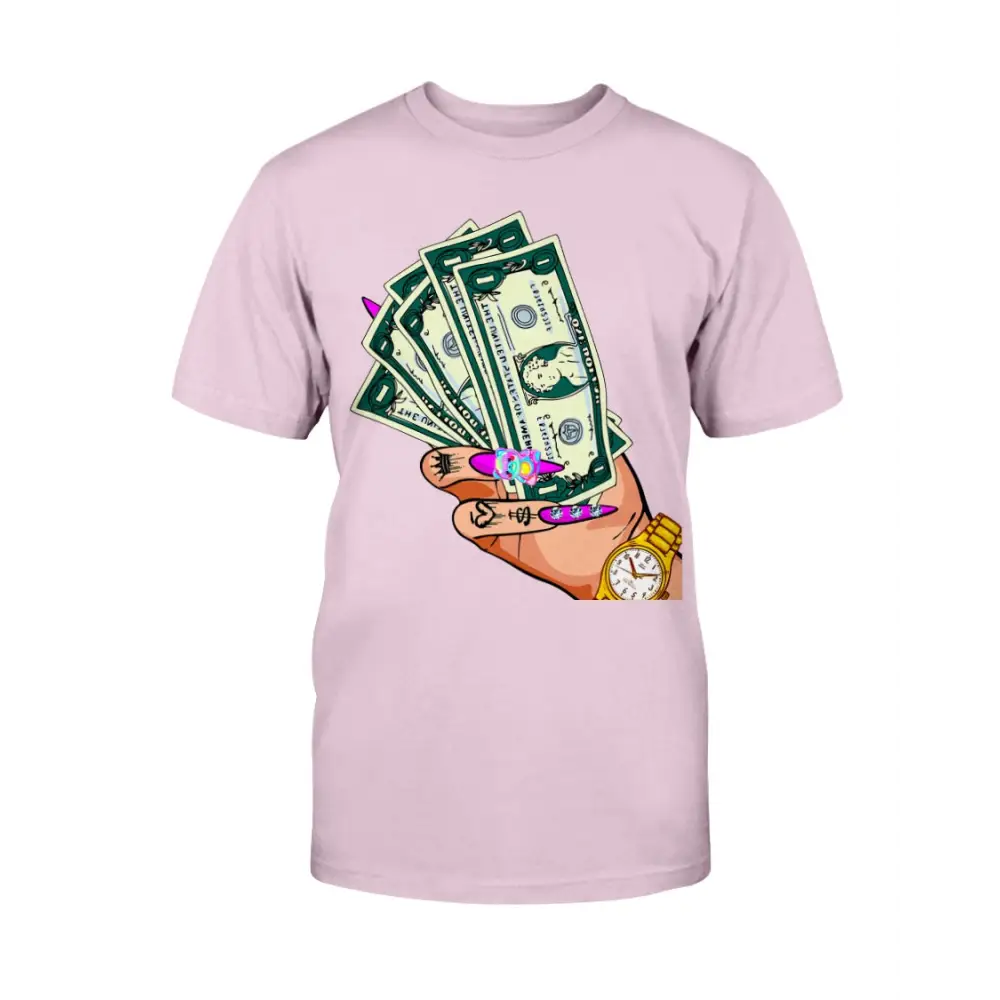 Pink t-shirt with a graphic of money and a hand holding a watch on a white background