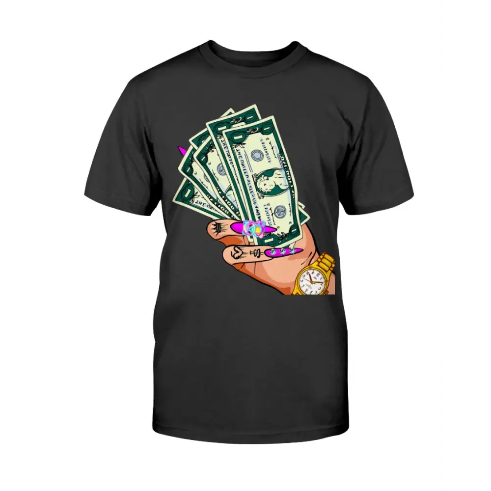 Black t-shirt with a graphic of money, a watch, and a hand holding money on a white background