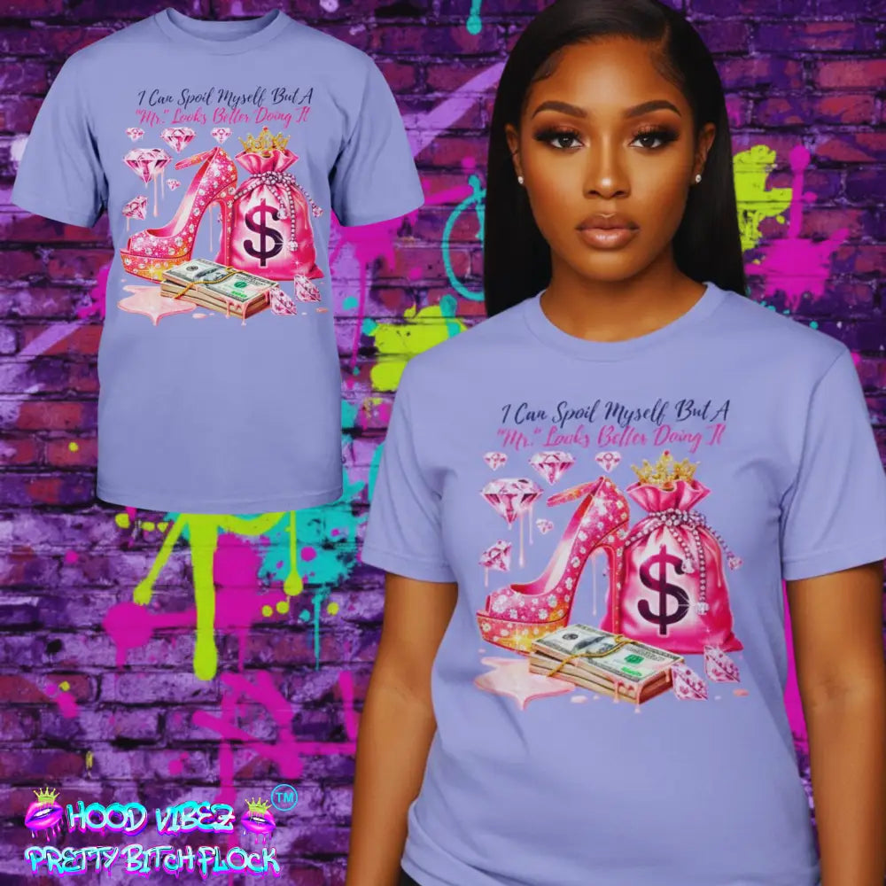 Mr Spoil Me graphic tee with pink high heel, diamonds, and money bag design, glam women’s statement t-shirt by Hood Vibez Pretty Bitch Flock