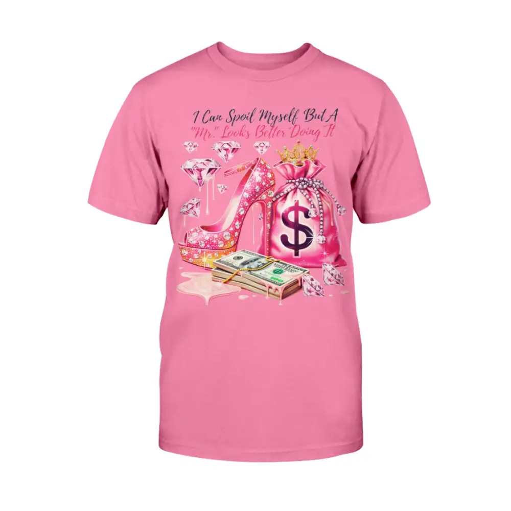 Mr Spoil Me graphic tee with pink high heel, diamonds, and money bag design, glam women’s statement t-shirt by Hood Vibez Pretty Bitch Flock