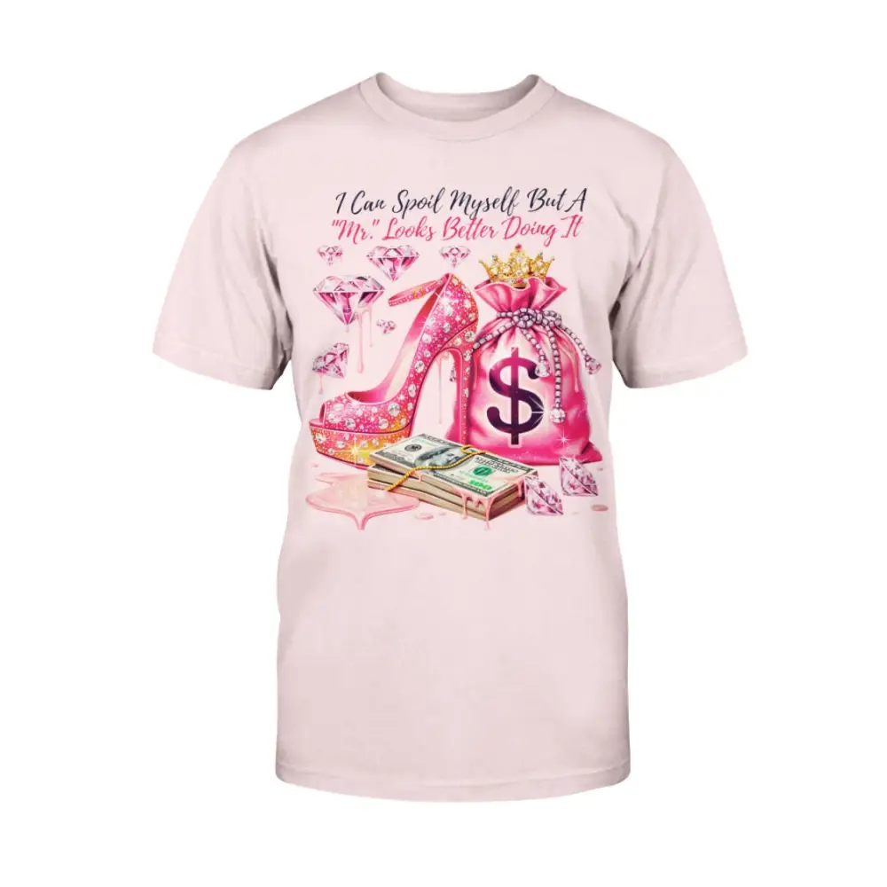 Mr Spoil Me graphic tee with pink high heel, diamonds, and money bag design, glam women’s statement t-shirt by Hood Vibez Pretty Bitch Flock