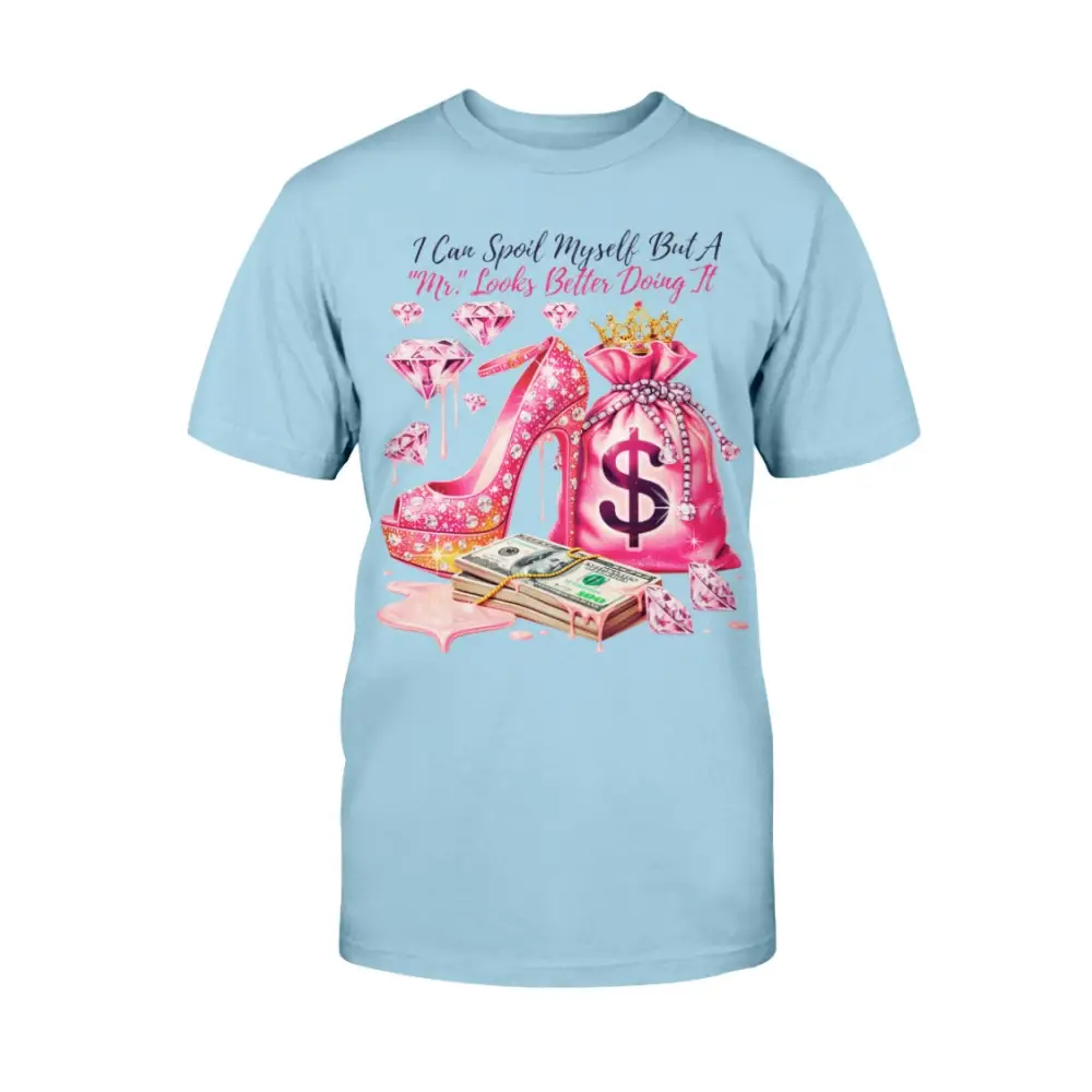Mr Spoil Me graphic tee with pink high heel, diamonds, and money bag design, glam women’s statement t-shirt by Hood Vibez Pretty Bitch Flock