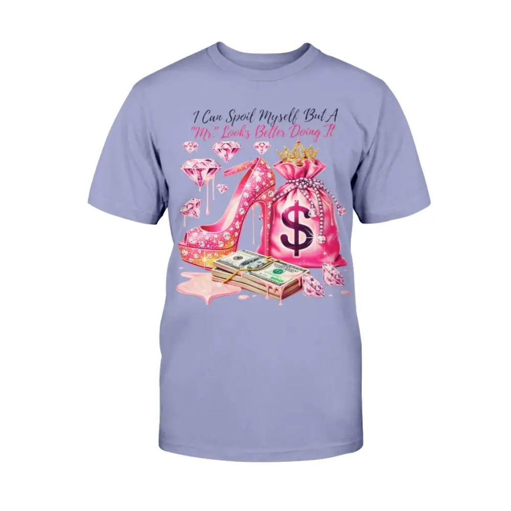 Mr Spoil Me graphic tee with pink high heel, diamonds, and money bag design, glam women’s statement t-shirt by Hood Vibez Pretty Bitch Flock