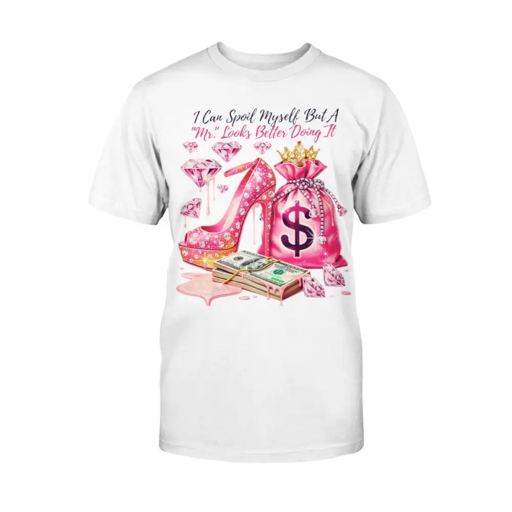 Mr Spoil Me graphic tee with pink high heel, diamonds, and money bag design, glam women’s statement t-shirt by Hood Vibez Pretty Bitch Flock