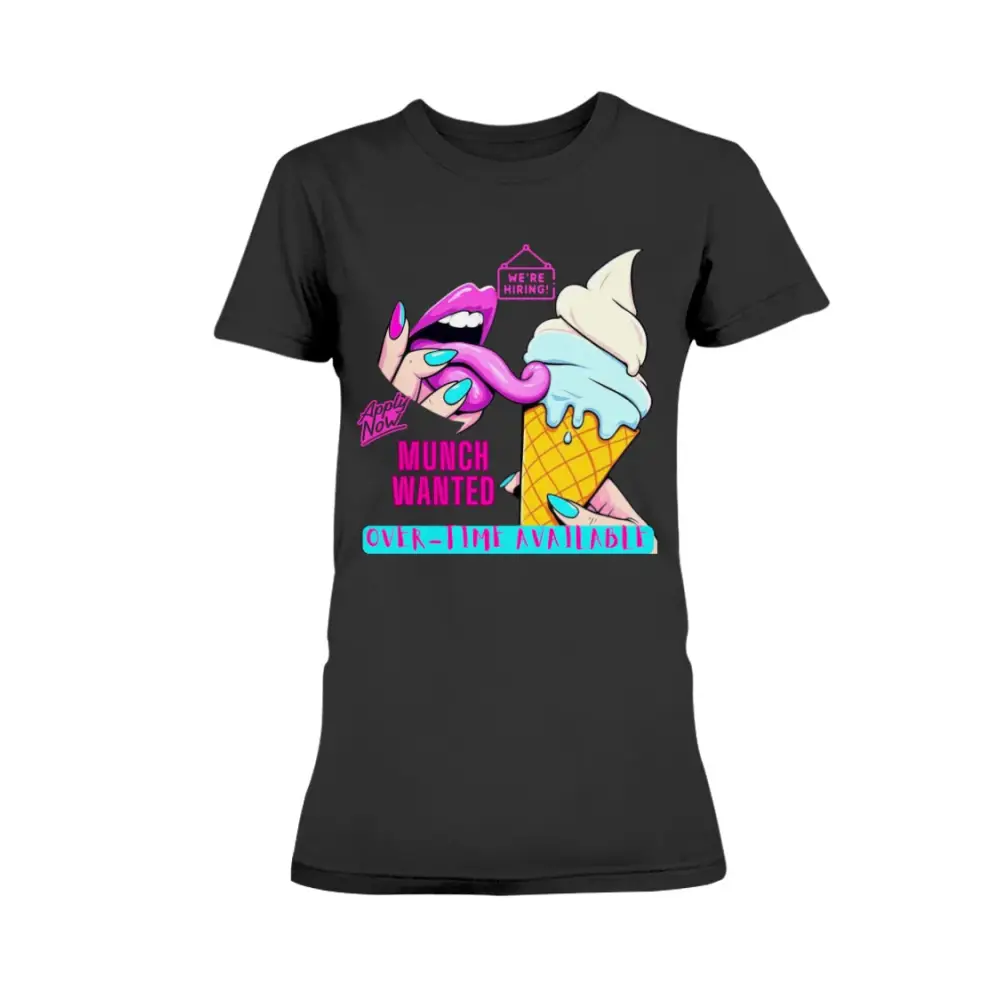 “Munch Wanted Graphic Tee with vibrant pop-art tongue and ice cream design on black shirt”
