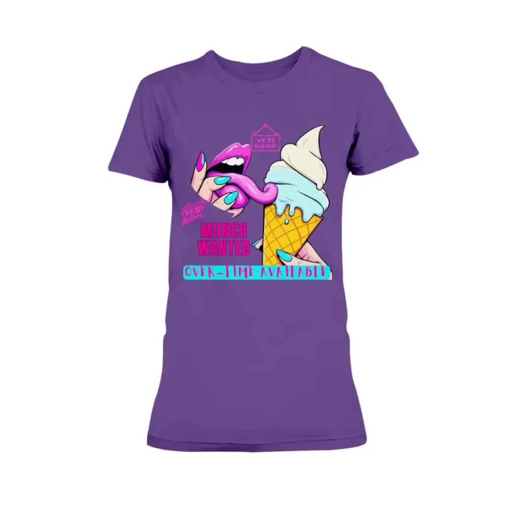 “Munch Wanted Graphic Tee with vibrant pop-art tongue and ice cream design on purple shirt”