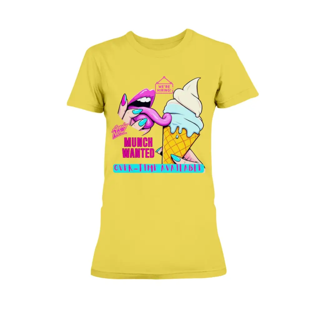 “Munch Wanted Graphic Tee with vibrant pop-art tongue and ice cream design on yellow shirt”