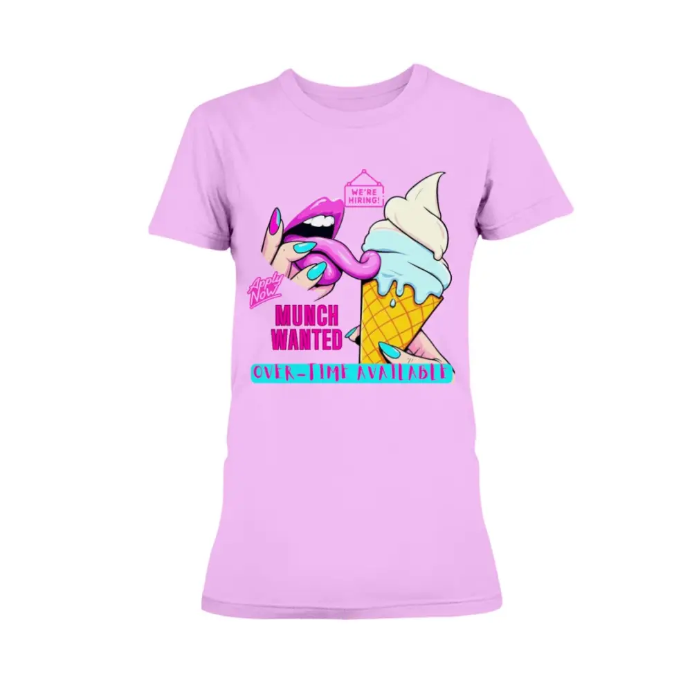 “Munch Wanted Graphic Tee with vibrant pop-art tongue and ice cream design on pink shirt”