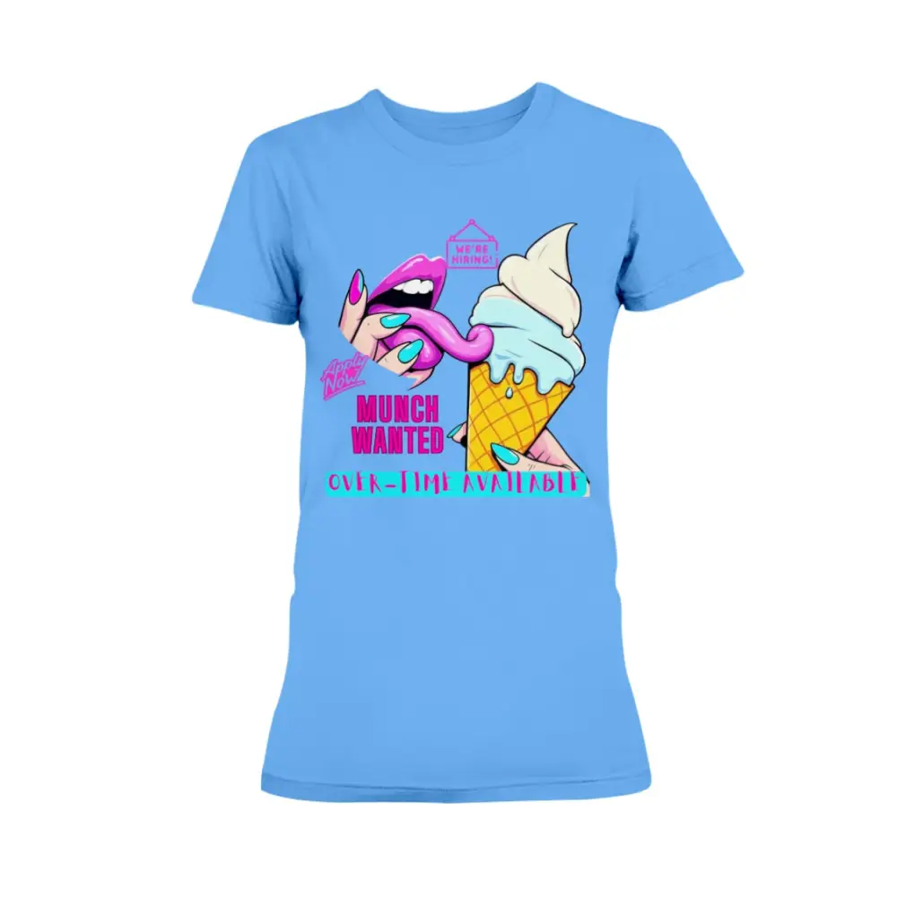“Munch Wanted Graphic Tee with vibrant pop-art tongue and ice cream design on blue shirt”