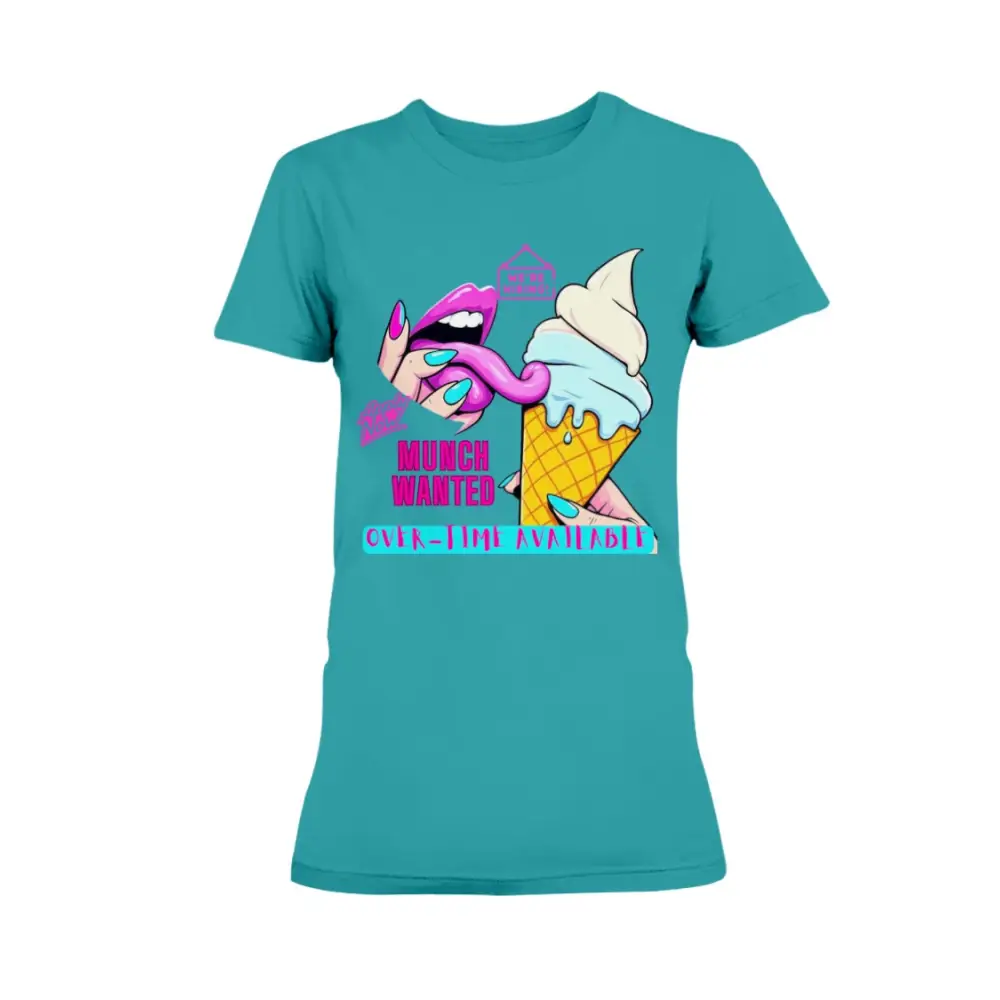 “Munch Wanted Graphic Tee with vibrant pop-art tongue and ice cream design on teal shirt”