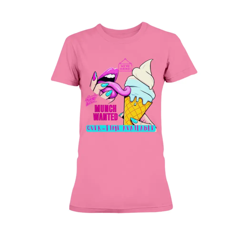 “Munch Wanted Graphic Tee with vibrant pop-art tongue and ice cream design on pink shirt”
