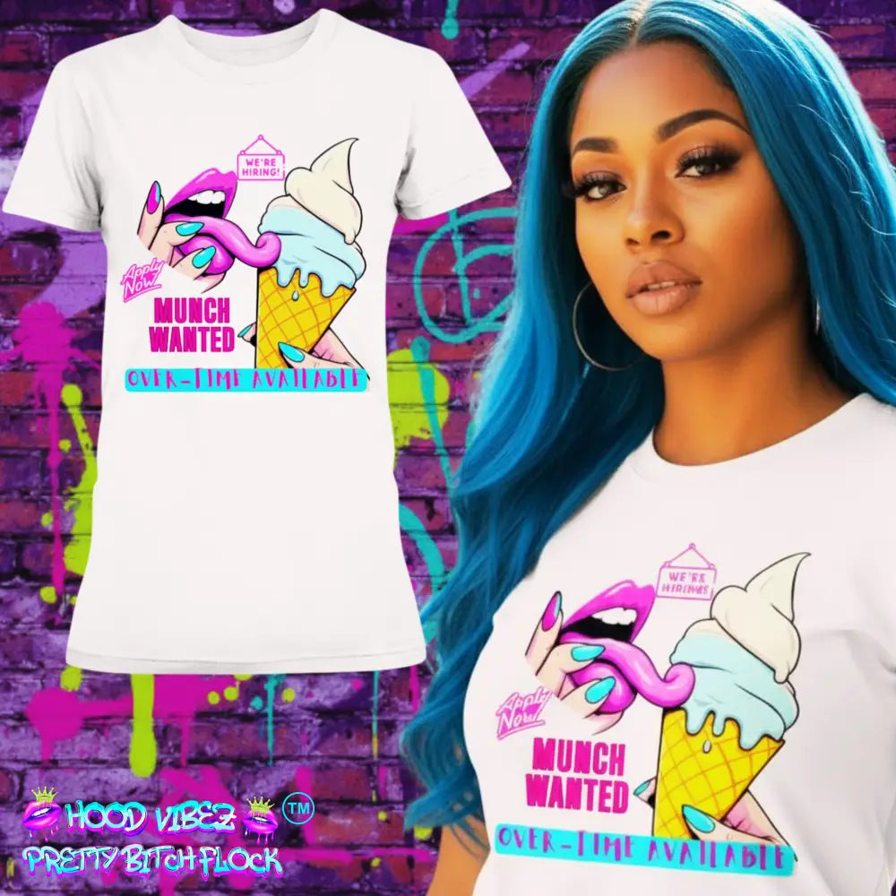 “Munch Wanted Graphic Tee with vibrant pop-art tongue and ice cream design on white shirt”