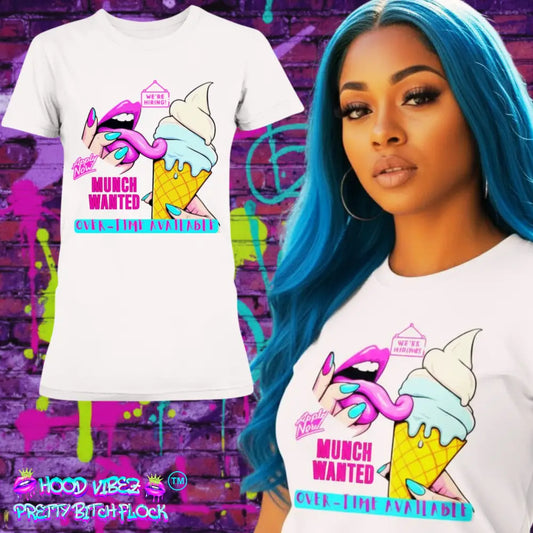 “Munch Wanted Graphic Tee with vibrant pop-art tongue and ice cream design on white shirt”