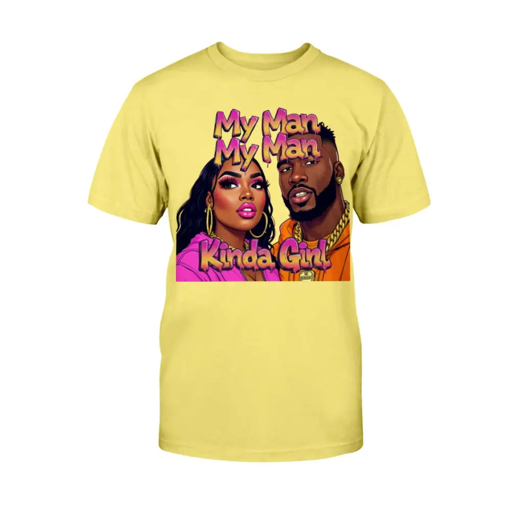 Yellow t-shirt with a graphic of a man and woman and text on a white background