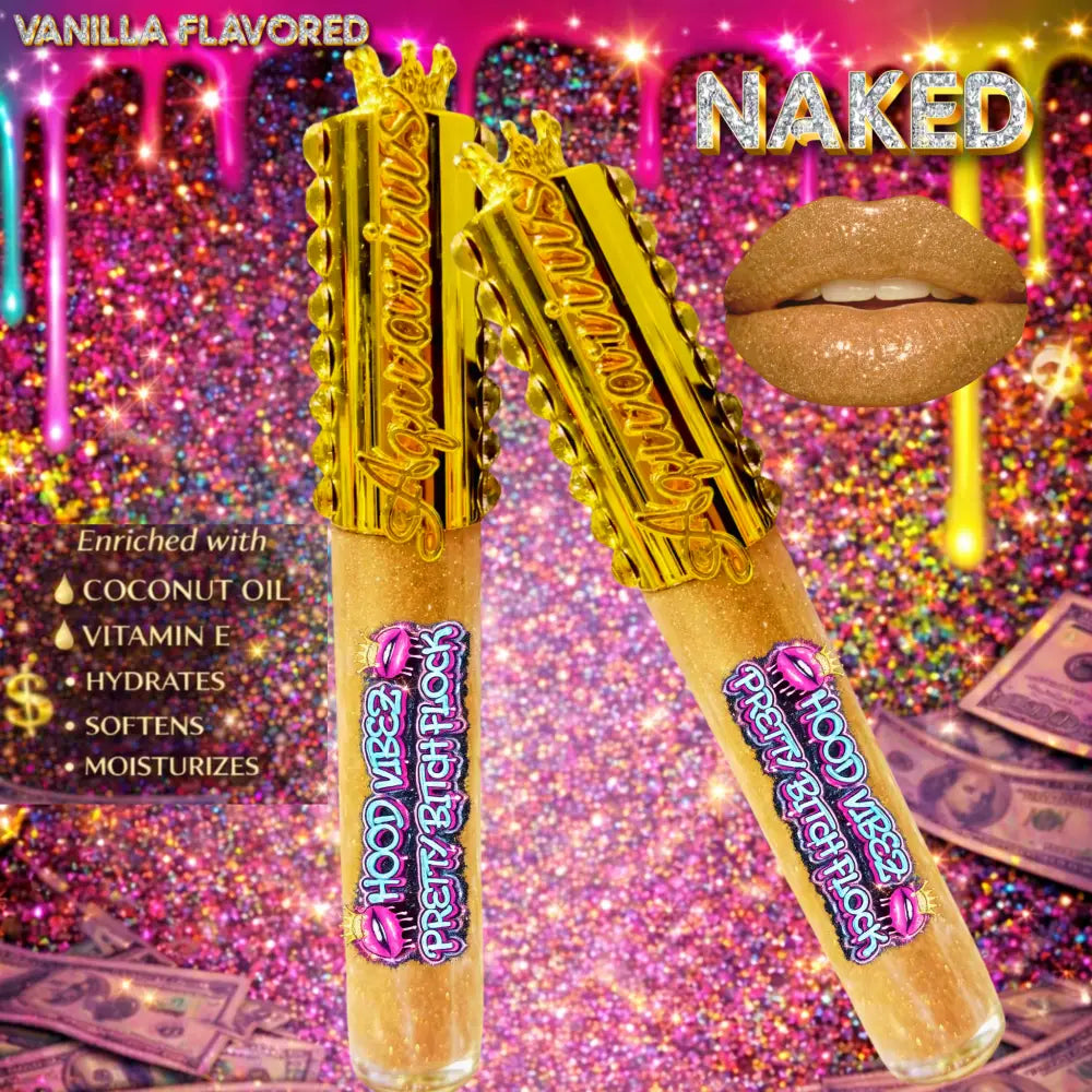 Pigmented nude glitter lip gloss called Naked in clear tube packaging, vanilla flavored and enriched with coconut oil and vitamin E for glossy hydrated lips.