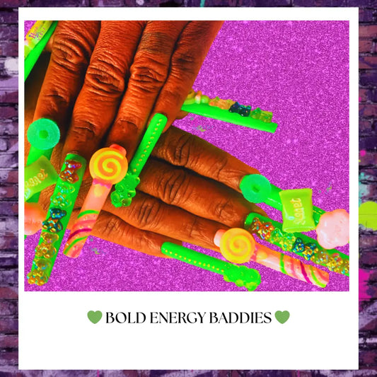 xxl neon green press on nails with 3d gummy bears, lollipops and other sweet treats.