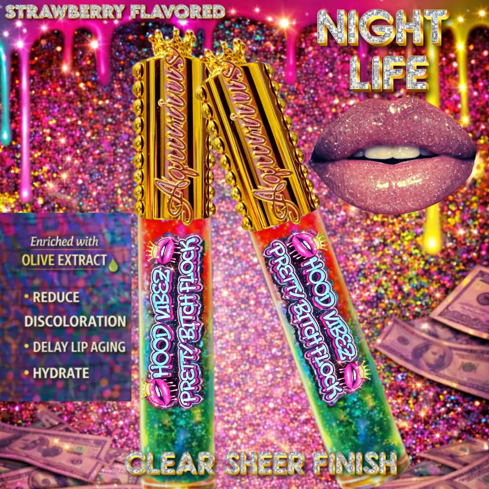 Two glitter-infused lip gloss tubes with gold caps displayed on an urban graffiti background at night, showcasing a high-shine, wet-look lip gloss designed for bold, glossy lips.