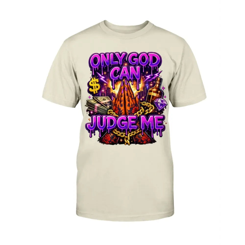 Only God Can Judge Me graphic tee featuring praying hands, money stacks, liquor bottle, diamond, and bold purple street art lettering on t-shirt streetwear design