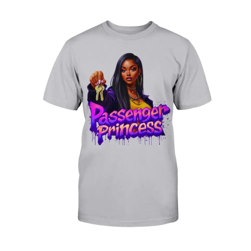 “Passenger Princess™ graphic t-shirt by Hood Vibez Pretty Bitch Flock featuring bold urban streetwear design with confident woman illustration holding car keys, trendy women’s statement tee, grey fashion graphic shirt.”