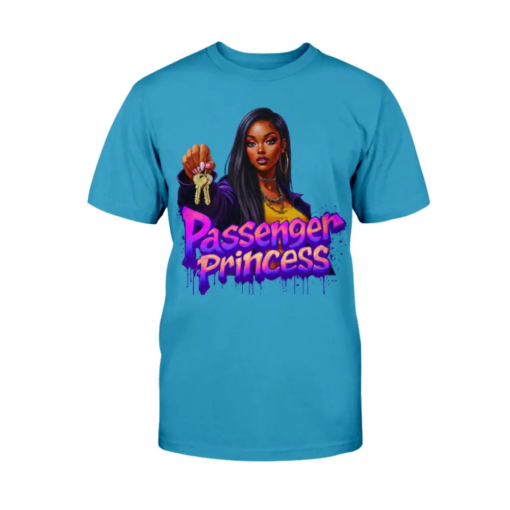 “Passenger Princess™ graphic t-shirt by Hood Vibez Pretty Bitch Flock featuring bold urban streetwear design with confident woman illustration holding car keys, trendy women’s statement tee, blue fashion graphic shirt.”