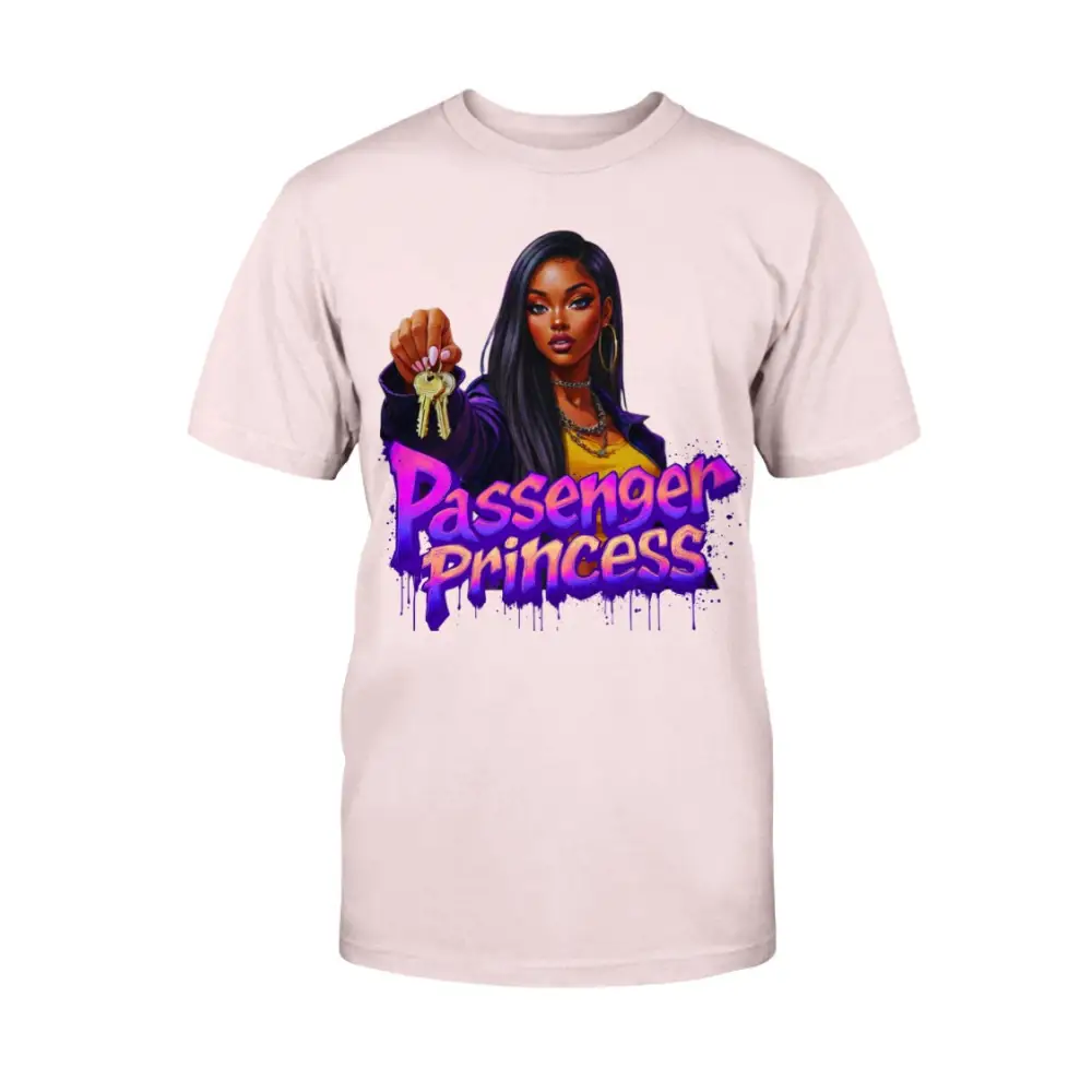 “Passenger Princess™ graphic t-shirt by Hood Vibez Pretty Bitch Flock featuring bold urban streetwear design with confident woman illustration holding car keys, trendy women’s statement tee, fashion graphic shirt.”